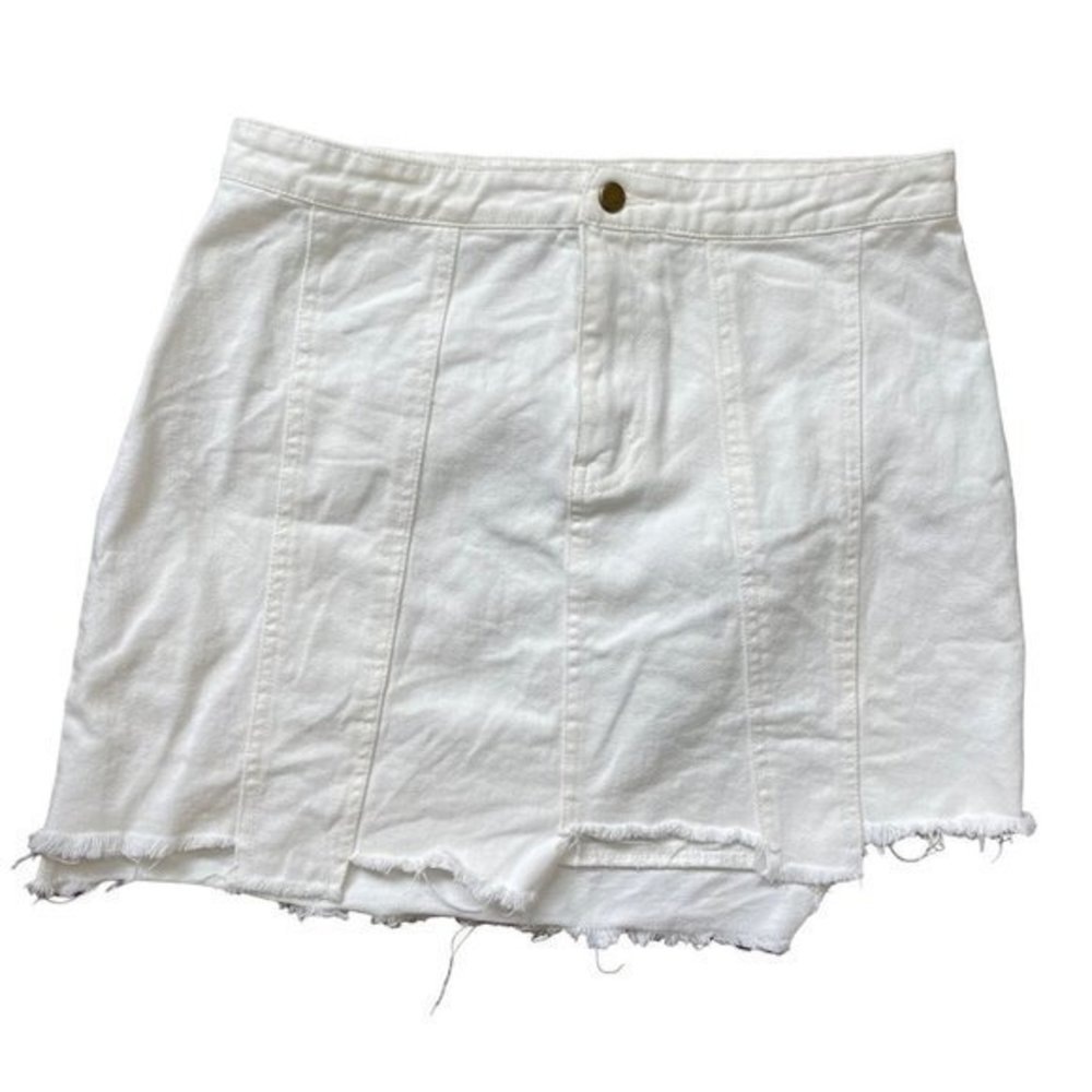 Lily Rain Women's‎ White 100% Cotton Raw Asymmetrical Hem Jean Mini Skirt Sz Med